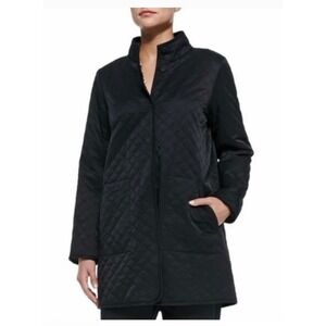 Eileen Fisher Quilted Jacket Size Medium Black Nylon Snap Front Coat Pockets 🖤
